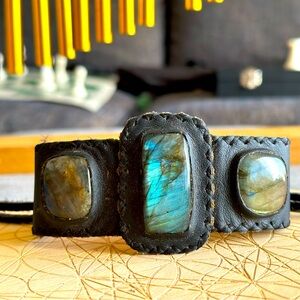 Labradorite Leather warriors bracelet (Adjustable)